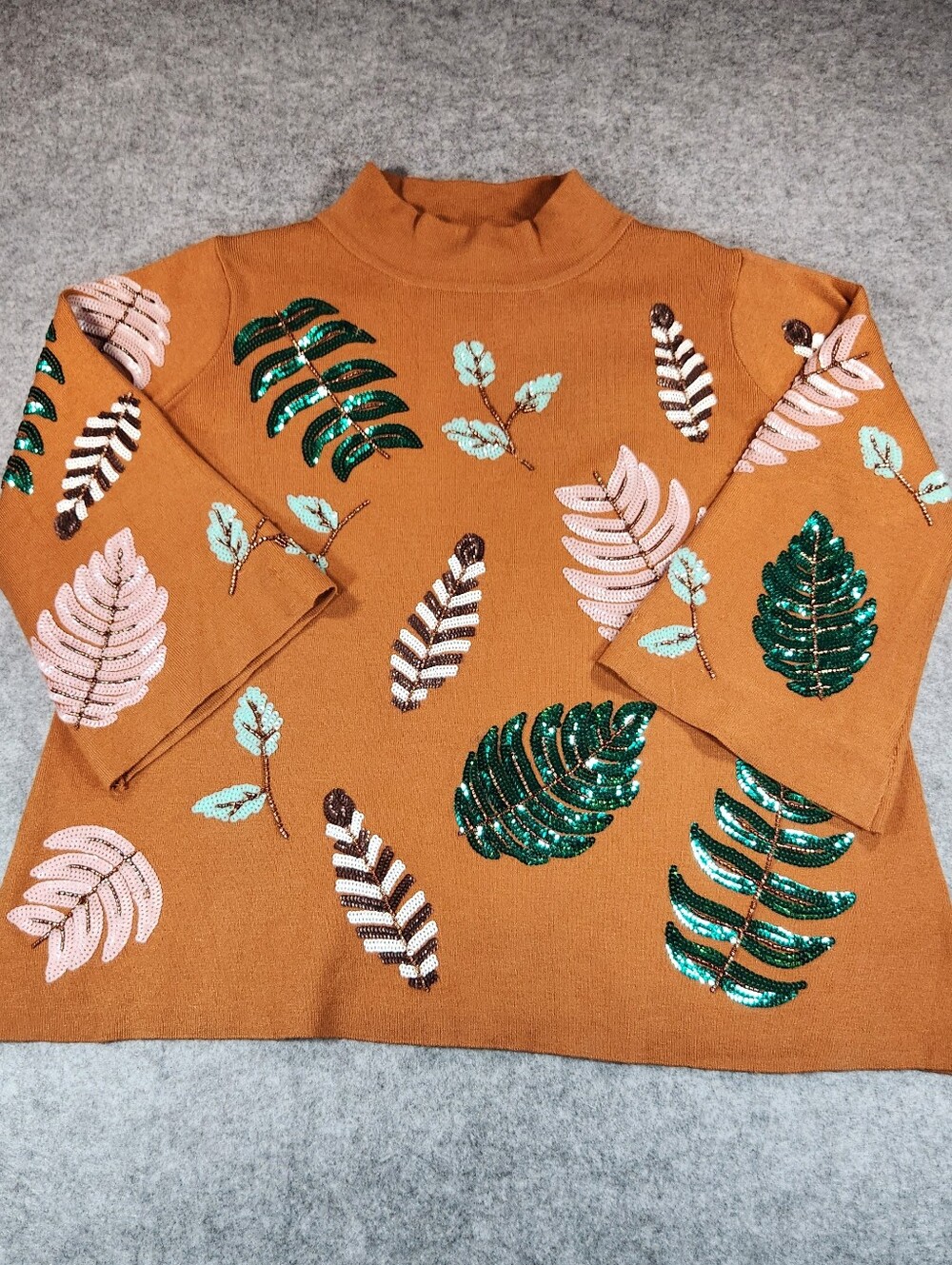 Fate Burnt Orange Sequin Leaf Mock Neck Sweater Small